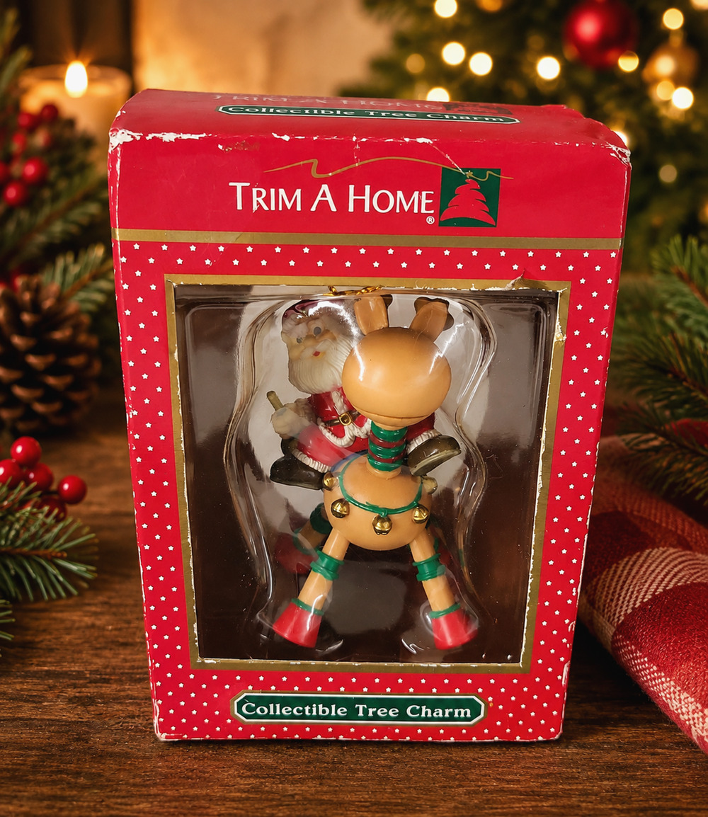 Vintage Kmart Trim A Home Santa Riding Reindeer Collectible Tree Charm Ornament